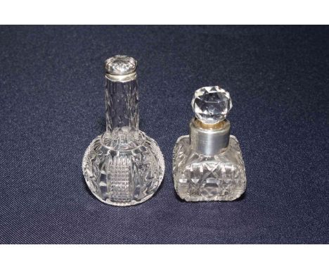 Silver mounted scent bottle, Birmingham 1895, silver topped bottle, mother of pearl card case, and compact and pill box (5).