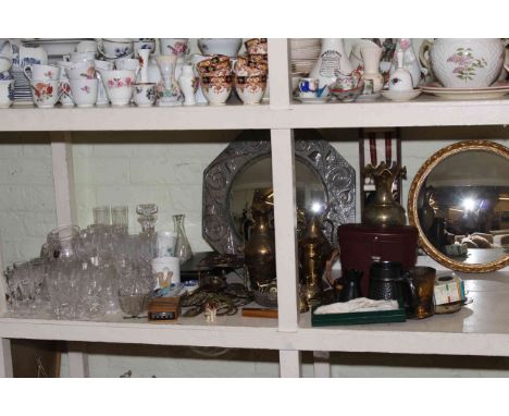 Collection of brassware including horsebrasses, two mirrors, cased binoculars, various glassware, barometer etc.