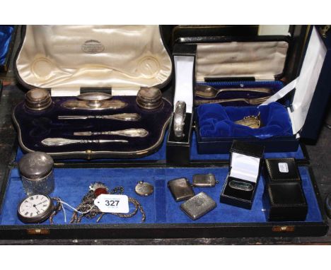 Collection of silver small items including silver gilt book form watch, three vesta cases, pocket watch, christening spoon an