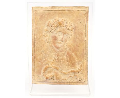 MICHEL LEVY, Literature and Music, two terracotta pottery plaques of a man and woman representing the Arts, signed to the cas