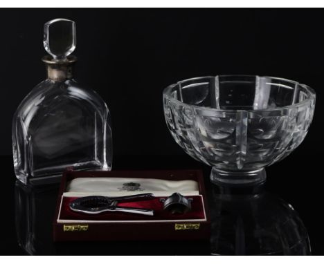 ORREFORS, a glass decanter with silver mount, retailed by Asprey, marks for Asprey Stirling 925, with retailers label, 23cm h