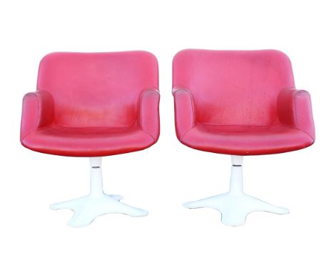 YRJO KUKKAPURO (Finnish, B. 1933.) for HAIMI, Junior Lounge chairs, a pair, upholstered in red leather, labels to seat stems,