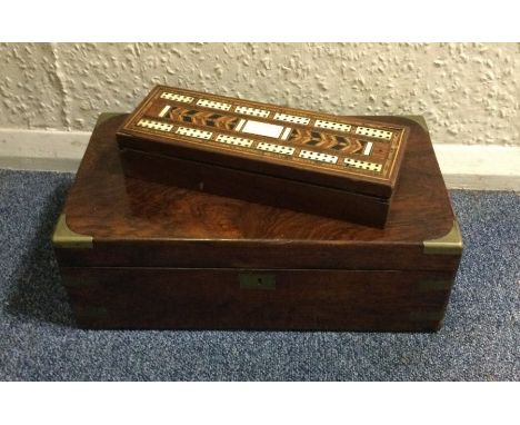 An old rosewood writing slope together with a cribbage board. Est. £20 - £30.