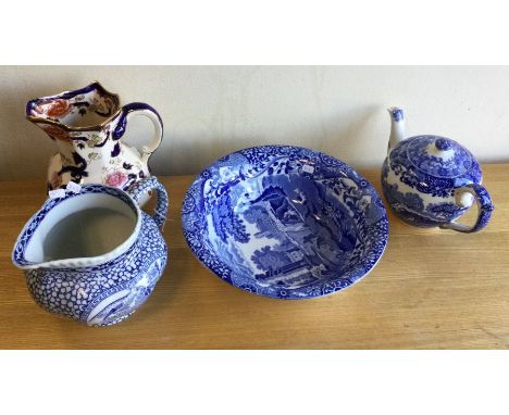 A Spode blue and white teapot together with a Mason's jug etc. Est. £10 - £20.