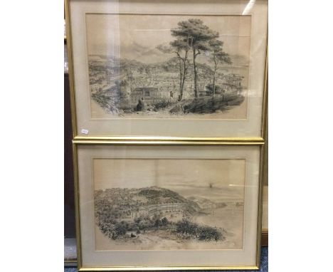 A pair of framed and glazed lithograph prints depicting Torquay. By Ray &amp; Sons. Approx. 38 cms x 25 cms. Est. £20 - £30.