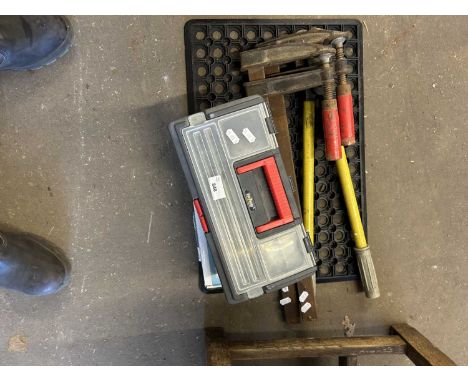 Various clamps, tool box of nails etc