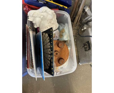 Various items to include footstool, ceramic horse head, LP records etc