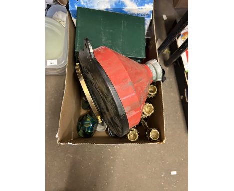 Box of mixed items to include table top chest, candelabra, shaving mirror, table top vice etc