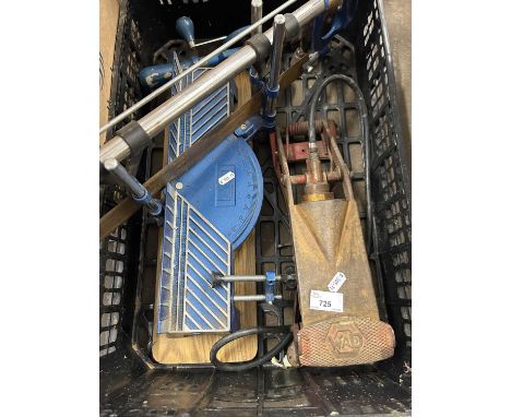 Quantity of various tools including mitre cutter, hand drill and foot pump etc