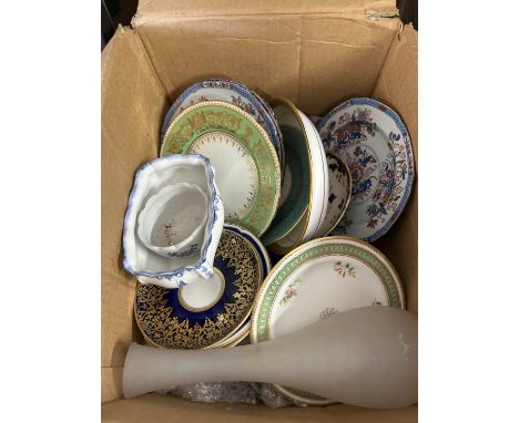 One box of Victorian and later dinner and tea wares, small Crown Derby blue and white planter and other items