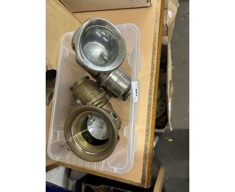 Two vintage motorcycle lamps and other brass example made by Joseph Lucas Ltd, Birmingham