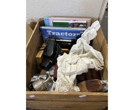 One box of mixed items to include costume jewellery, trinket boxes, various photography equipment and cameras, books on tract