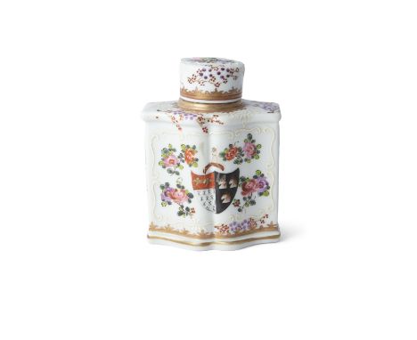 A Samson of Paris Chinese style porcelain tea caddy, of shaped oval form, the white ground decorated with floral sprays and a