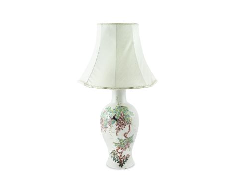 A Chinese porcelain vase, adapted as a table lamp, of circular baluster form, the off-white ground painted with birds in a bl