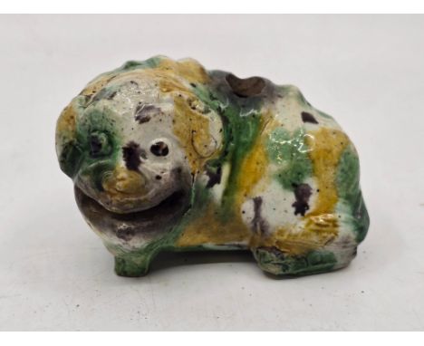 A Qing Dynasty, Kangxi Period Chinese Sancai glazed stoneware pottery Shar Pei puppy Censer / Incense stick holder. Typical S