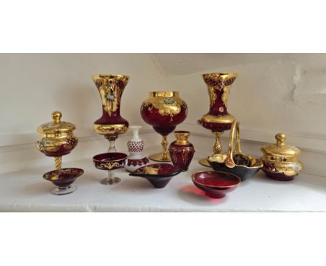 A mixed collection of Czech and Italian (Murano) Red and gold Bohemian Art glass. To include Murano pedestal vases, trinket d