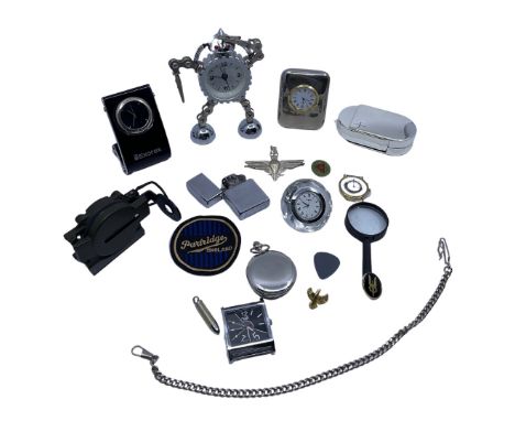 A selection of items such as clocks, badges etc.  To include; Military Parachute Regiment Cap Badge, Compass, Zippo Lighter, 