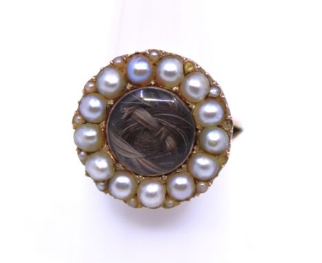 Unmarked Yellow Metal Cultured Pearls and Hair Plaited Mourning Ring The Mourning Ring contains a centre piece with Hair in i