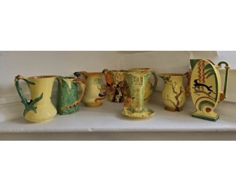 A collection of Art Deco Burleigh (Burgess Leigh) Ware studio pottery. To include:- 1930s Parrot handle Jug No.4902 1930s Phe