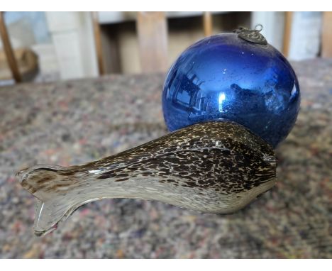 A 19th century, late Victorian blue Mercury glass witches ball, having the original loop crown and chain attachment. A vintag