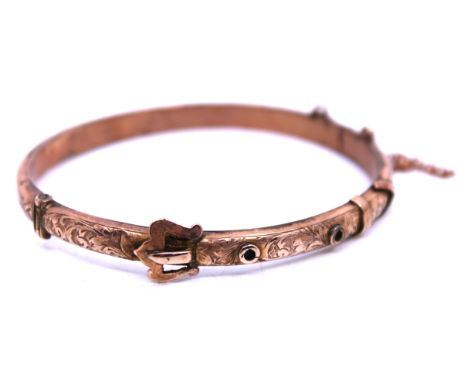 9ct Rose Gold Belt Buckle Hinged Bangle with safety chain.  The Bangle is hallmarked "9 375" for 9ct Gold, has the anchor ass