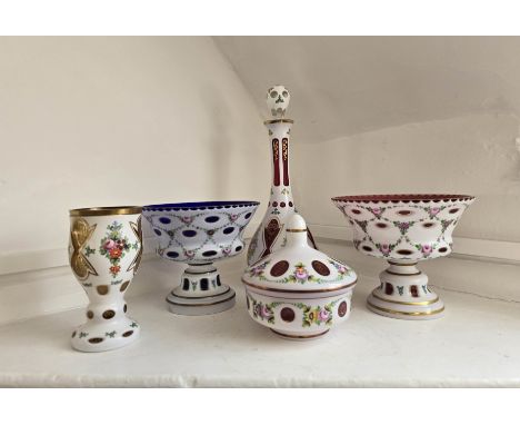 various pieces of Vintage Bohemian hand painted glass. White cut to Cranberry, White cut to Gold and White cut to Pink To inc
