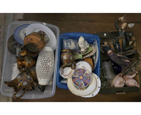 Three boxes of mixed ceramics, glassware and collectables. To include a reticulated ceramic vase lamp, Staffordshire pottery,