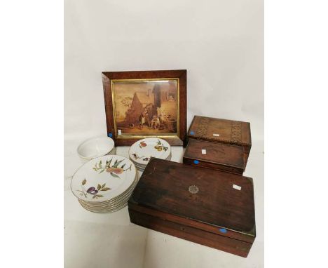 An inlaid ladies silk lined box, a mahogany tea caddy and a writing slope (all needing work) together with a framed Victorian
