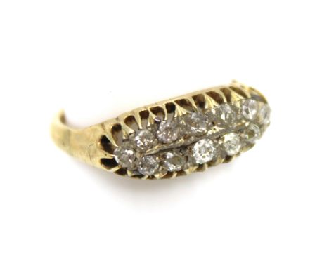 9ct Yellow Gold Old Mine Cut Diamond Double Row Boat Ring  The ring contains twelve Old Mine Cut Diamonds that vary in size f