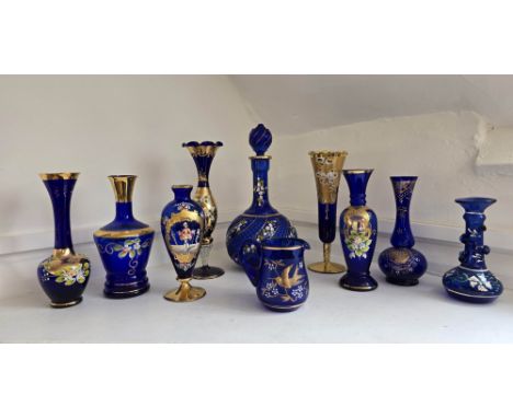 A mixed collection of Czech and Italian (Murano) cobalt blue and gold Bohemian Art glass hand decorated with flowers To inclu