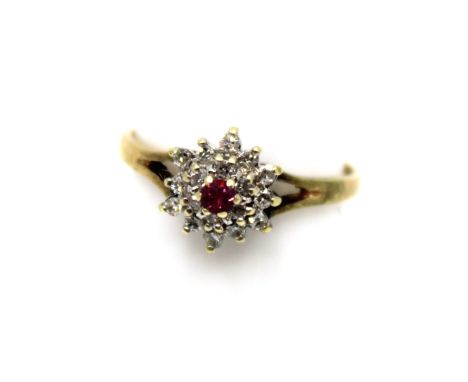 9ct Yellow Gold Ruby and Diamond Cluster Ring.  The ring contains a melee Round Brilliant Cut Ruby and contains eighteen surr