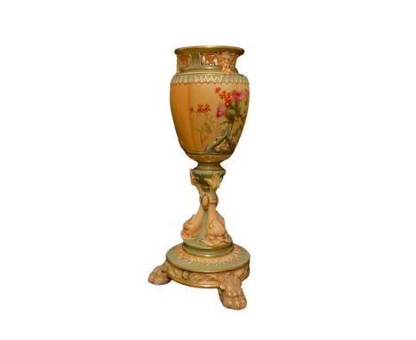 A Royal Worcester blush ivory pedestal vase of lobed ovoid form&nbsp; painted with thistles with a flared reticulated rim on 