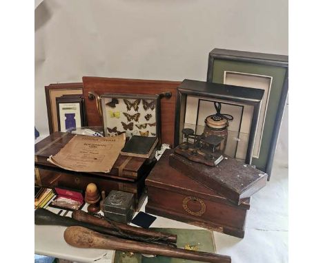 A quantity of miscellaneous items to include; brass bound writing slope, carved wooden fighting clubs, malay figure of Buddah