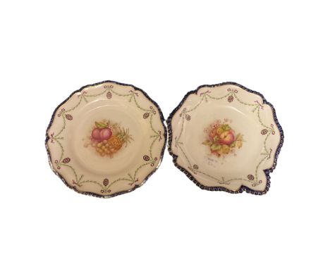 A Royal Worcester part dessert service comprising plate and shaped dish, painted with fruit, swagged border, cobalt blue rim,