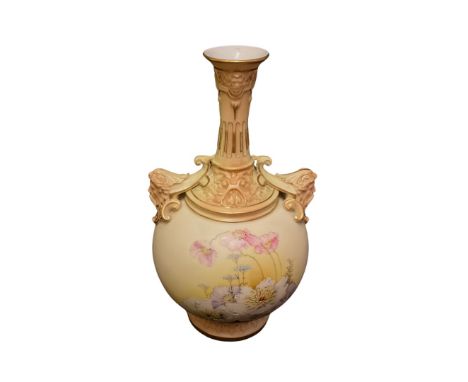 A Royal Worcester blush ivory vase of globular form, painted with flower sprays waisted neck, twin mask handles, shape 1552 i