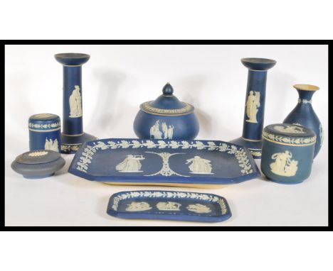 A collection of Wedgwood jasperware items dating from the 19th Century onwards to include an octagonal tray with two ladies p