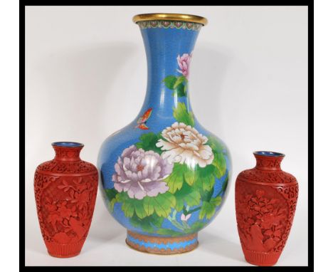 A 20th Century collection of Chinese items to a pair of Cinnabar lacquer baluster vases and a large Cloisonne enamel vase dec