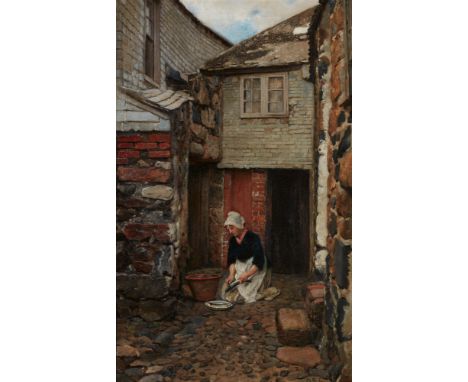Otto Scholderer, Alter Hof in Cornwall (Fischeputzende Magd)Öl auf Leinwand. 68 x 43 cm.Monogrammiert und datiert unten recht