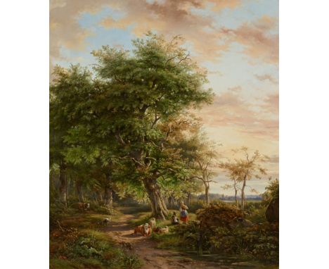 Johannes Gijsbertus van Ravenswaay, Rastende Schäfer unter einem Baum in der AbendsonneÖl auf Leinwand (doubliert). 106 x 92 