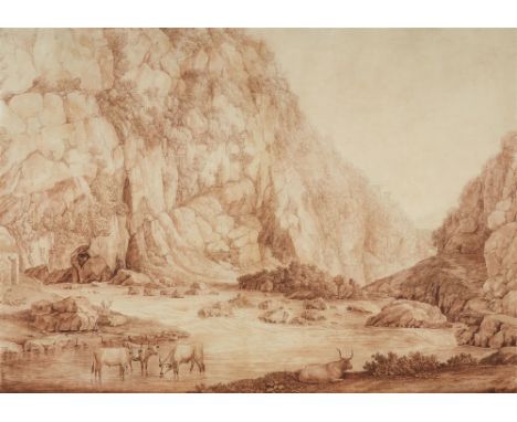 Jacob Philipp Hackert, Das Volturnotal bei Piedimonte AlifeFeder und Pinsel in Braun. 63 x 89 cm.Unter Glas gerahmt.Signiert 