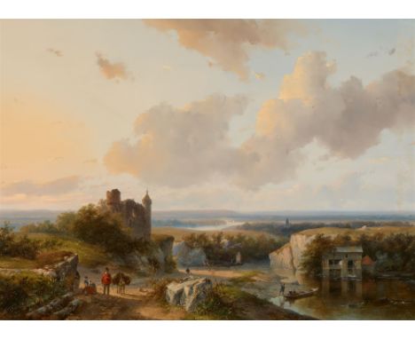 Andreas Schelfhout, Sommer-Panorama: Blick von einer Anhöhe mit Burg in ein weites, sommerliches FluÖl auf Holz. 47 x 66 cm.P