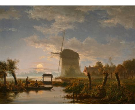 Jacobus Theodorus Abels, Mondbeschienene Flusslandschaft mit einer Windmühle und einer SchleuseÖl auf Holz. 26 x 34,5 cm.Sign