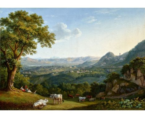 Jacob Philipp Hackert, Blick auf das Arnotal und FiesoleÖl auf Leinwand (doubliert). 73,5 x 105 cm.Signiert und datiert unten