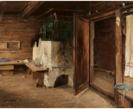 Alexander Koester, Bauernstube mit grünem OfenÖl auf Leinwand, auf Karton aufgezogen. 51 x 64 cm.Signiert unten rechts: A. Ko