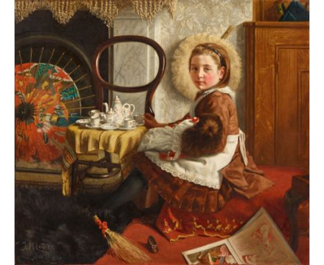 John St. Helier Lander, Portrait der Elsie Esther Cornish im Alter von 7 Jahren, an einem Tisch sitzÖl auf Leinwand. 92 x 101