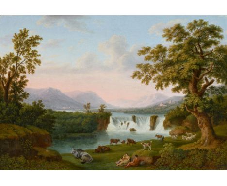 Jacob Philipp Hackert, Flusslandschaft mit WasserfallÖl auf Leinwand (doubliert). 55 x 96 cm.Signiert und datiert unten links