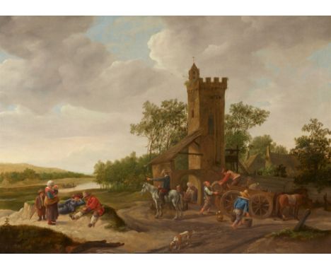 Jan Steen, Landschaft an einem Fluss und mit einem Turm, davor be- oder entladen Männer einen KarrenÖl auf Leinwand (doublier