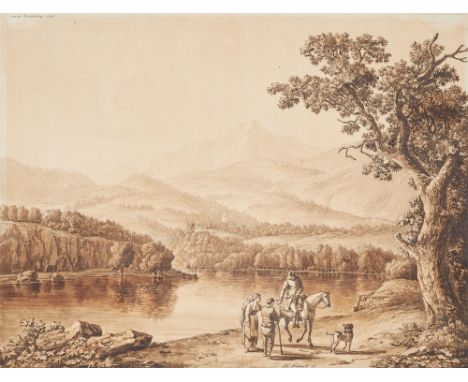 Jacob Philipp Hackert, Landschaft bei FossombroneFeder und Pinsel in Braun über Bleistift. 34,7 x 45,4 cm.Signiert unten Mitt