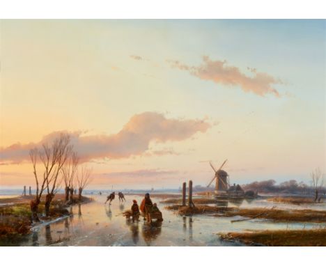 Andreas Schelfhout, Ein gefrorener Flußlauf mit SchlittschuhläufernÖl auf Holz. 46,5 x 66 cm.Signiert und datiert unten recht