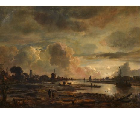 Aert van der Neer, Weite Flusslandschaft bei MondscheinÖl auf Leinwand (doubliert). 54 x 73,5 cm.ProvenienzAmsterdam, Auktion